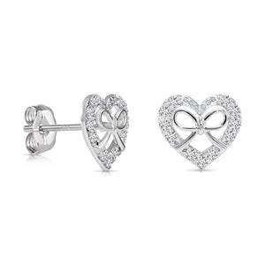 14K Gold Lab Diamond Heart & Bow Stud Earrings with Pushbacks, 0.20Ctw