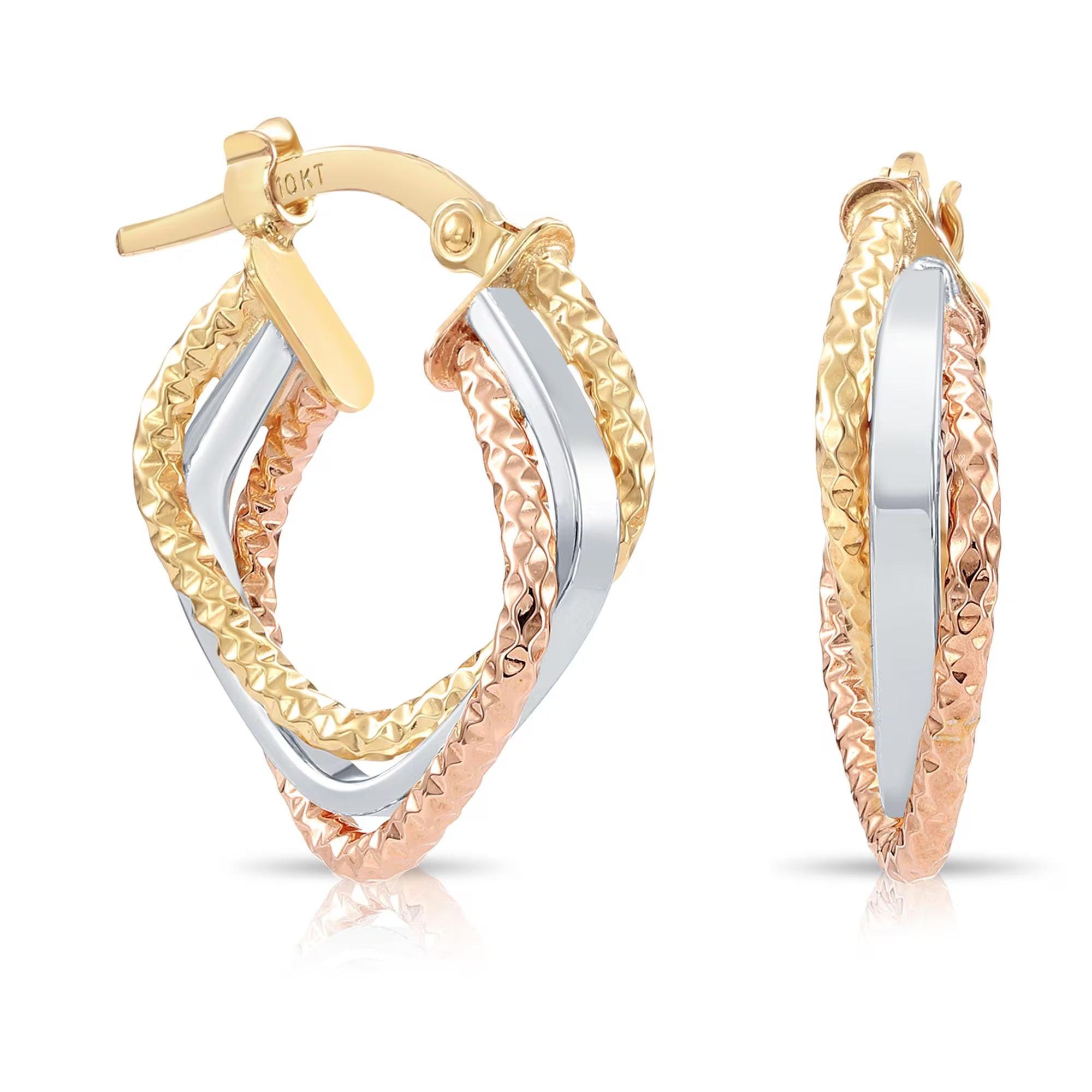 Stunning 10K Tri-Color Diamond-Cut Twist Italian Style Hoop Earrings.