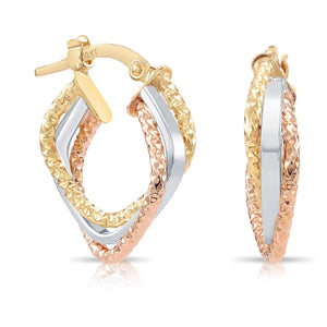Stunning 10K Tri-Color Diamond-Cut Twist Italian Style Hoop Earrings.