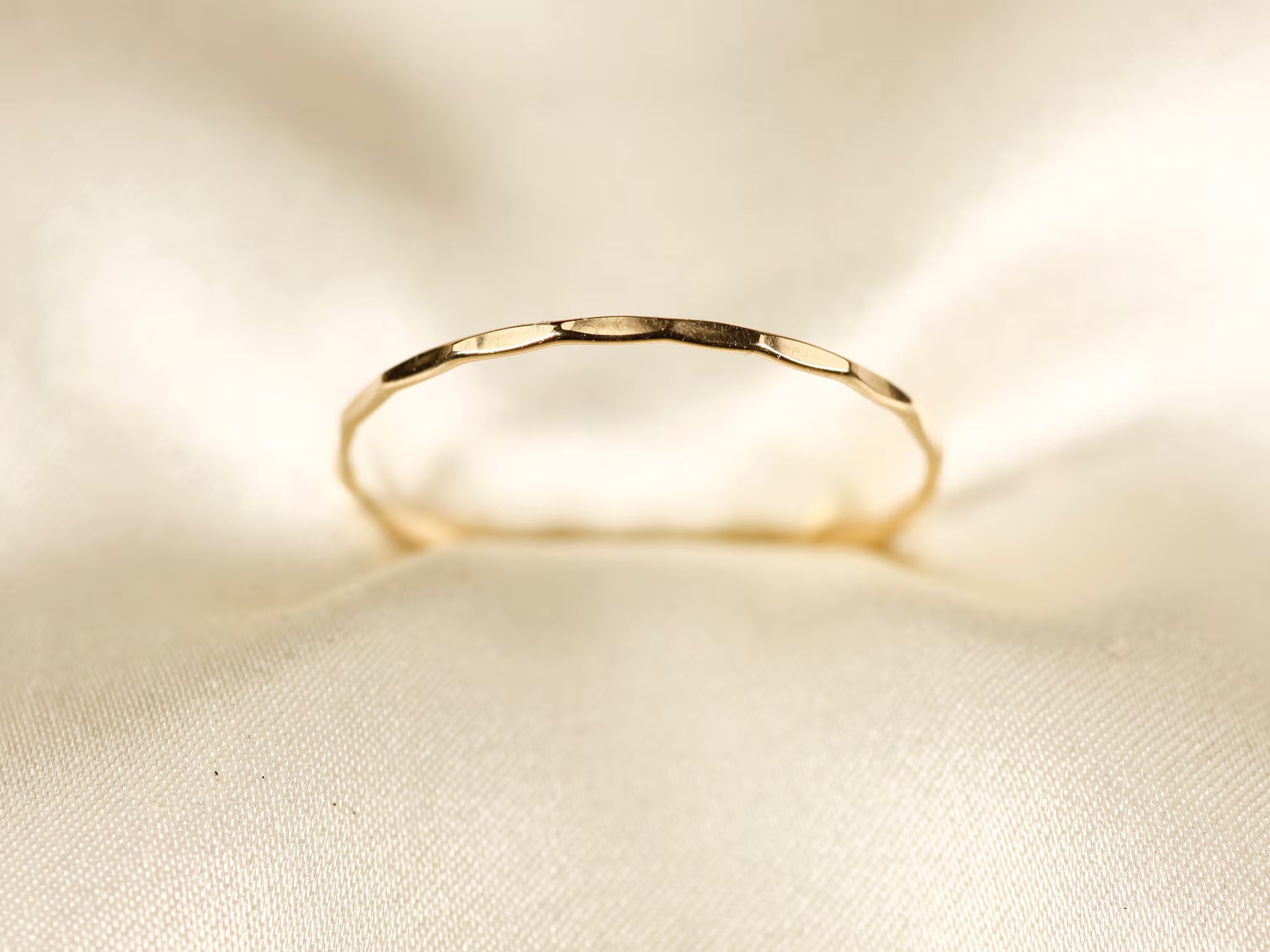 14K Solid Yellow Gold Hammered Ring: Dainty Wire Band, 0.8Mm
