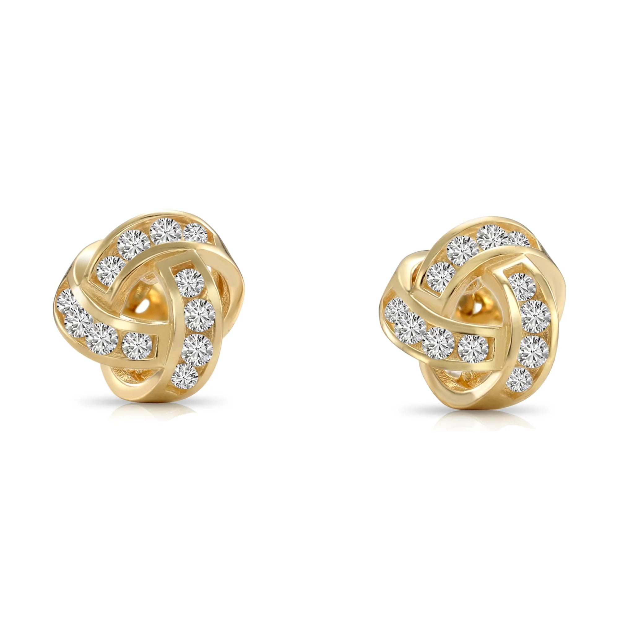 Solid 14K Gold Brilliant CZ Love Knot Twist Studs, 7Mm, with Pushbacks