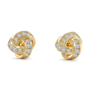 Solid 14K Gold Brilliant CZ Love Knot Twist Studs, 7Mm, with Pushbacks