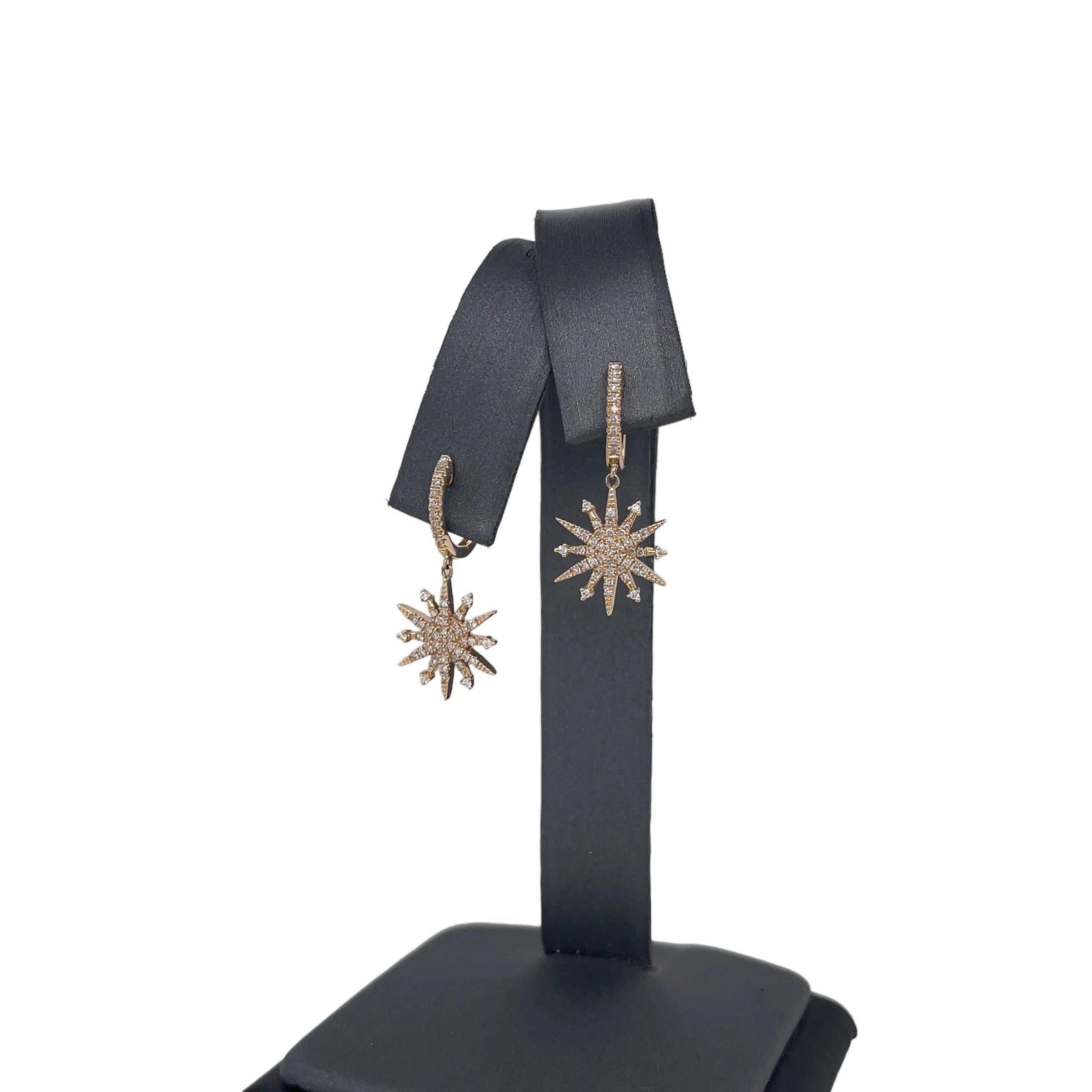 14K Yellow Gold Diamond Starburst Dangle Huggie Earrings