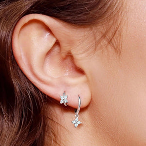 Minimalist 925 Sterling Silver Tiny Flower Huggie Hoop Earrings.