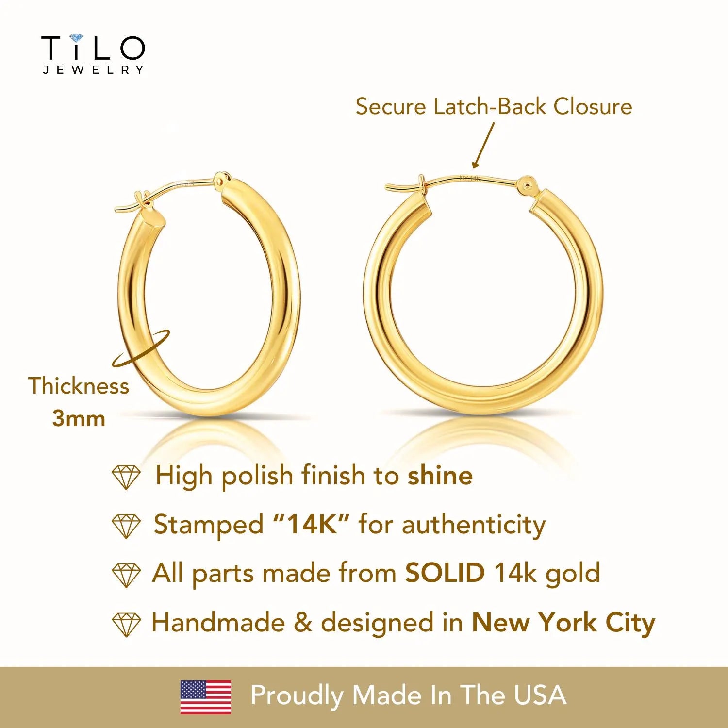 14K Gold Classic Hoop Earrings, Solid 14K Yellow Gold Chunky Hoops, Bold and Classy 3Mm, Designed & Handmade by TILO Jewelry