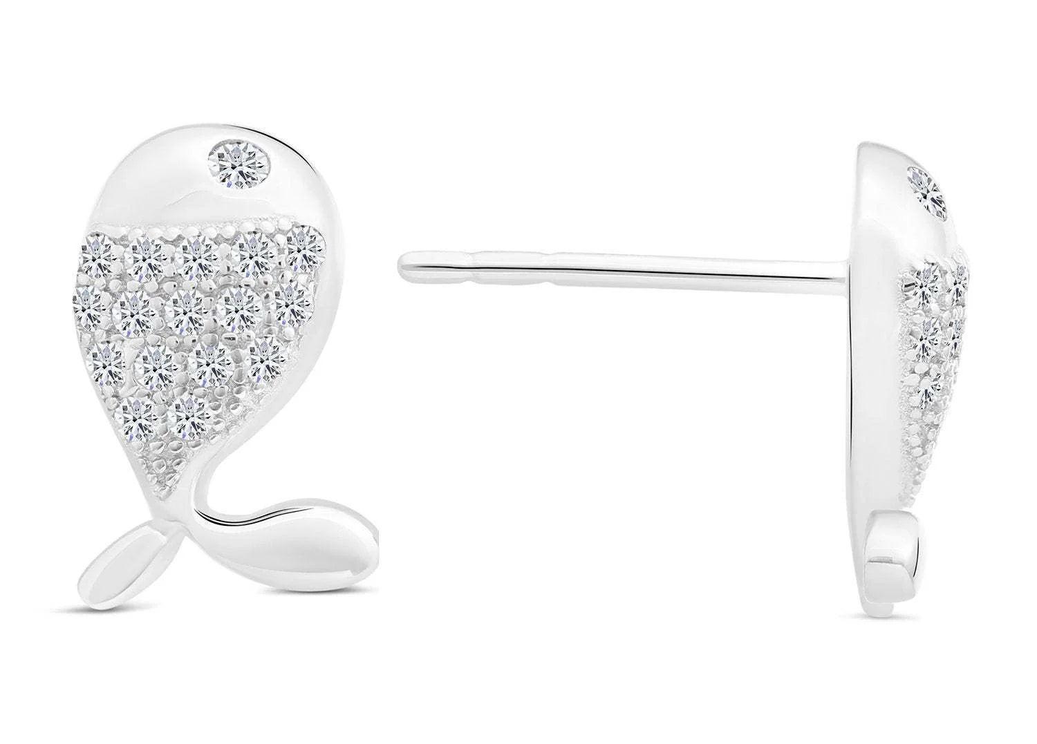 Charming Sterling Silver Whale CZ Fish Stud Earrings.