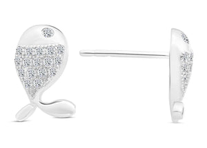 Charming Sterling Silver Whale CZ Fish Stud Earrings.