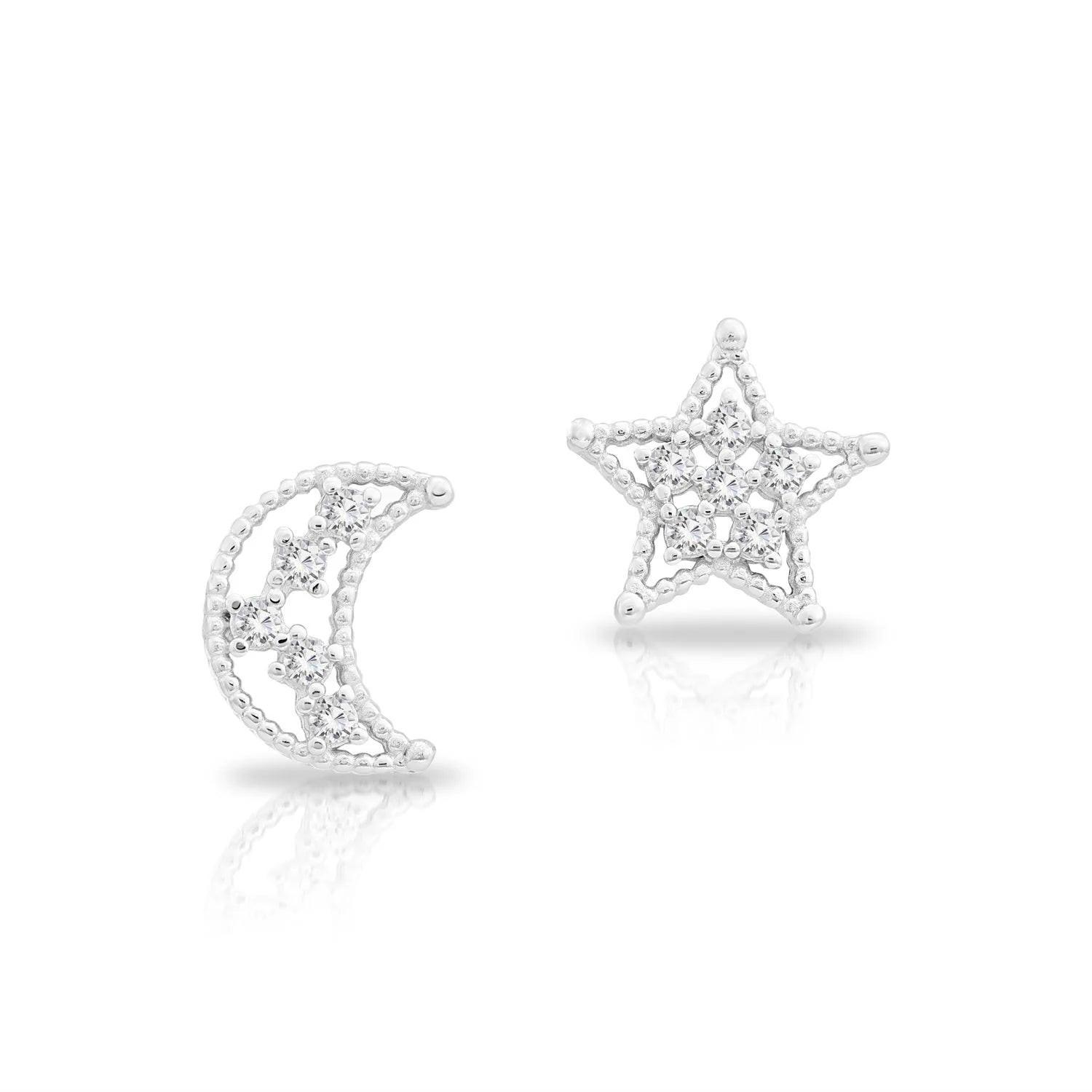 Dazzling CZ Star and Moon Sterling Silver Stud Earrings.