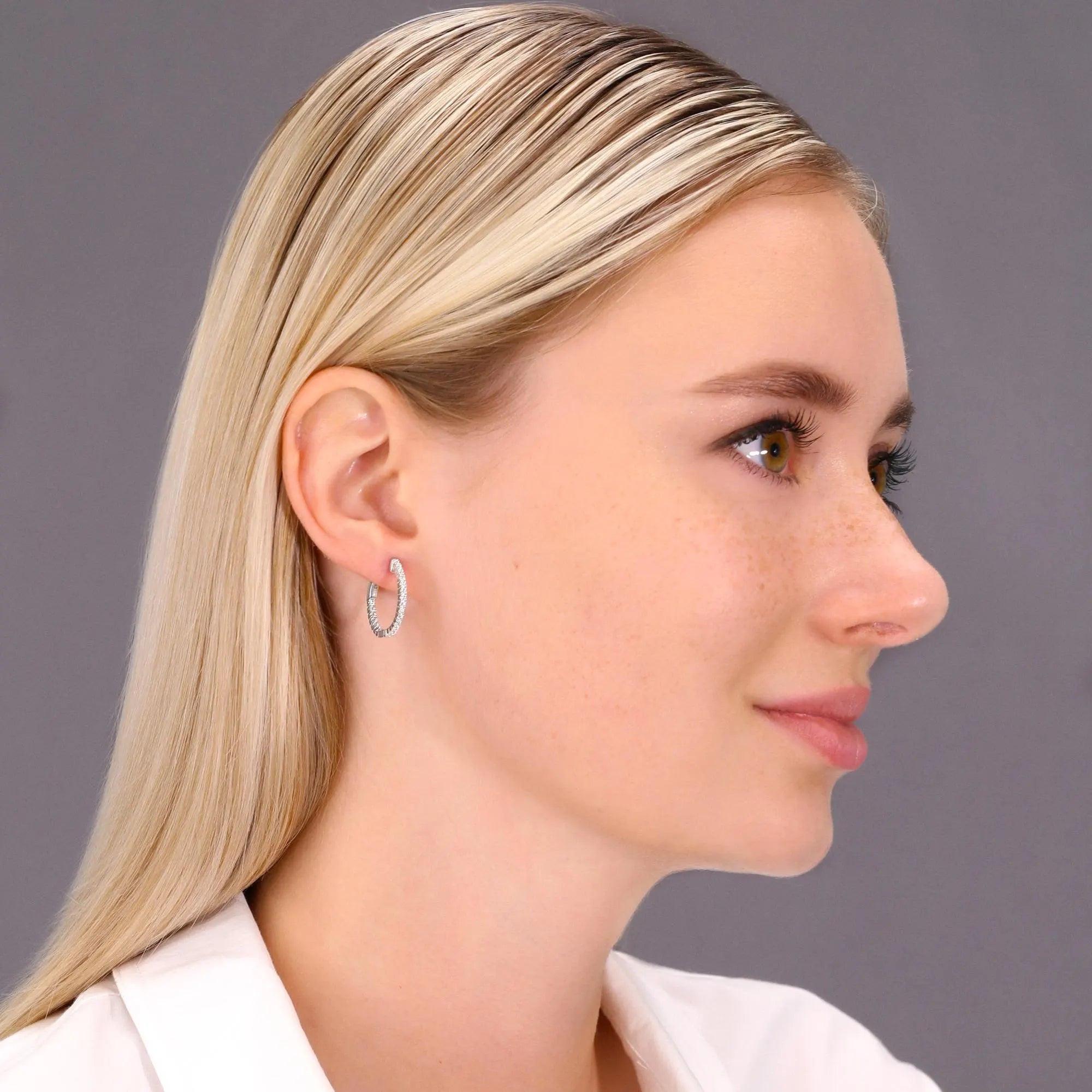 14K White Gold Diamond Half Eternity Huggie Hoop Earrings - 0.57 Carat Total Weight.