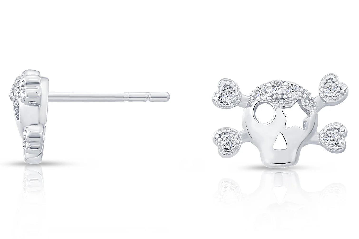 Dazzling CZ Skull and Bones Sterling Silver Stud Earrings.