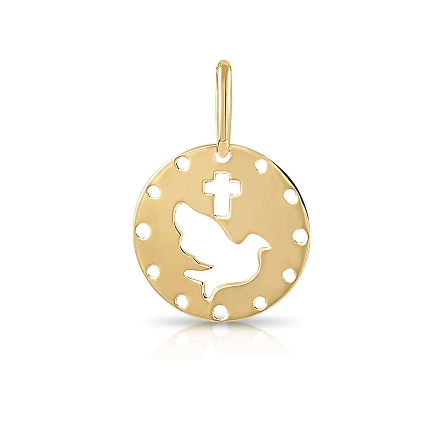 Elegant 14K Yellow Gold Dove & Cross Pendant with 18" Necklace - A Timeless Symbol of Faith.