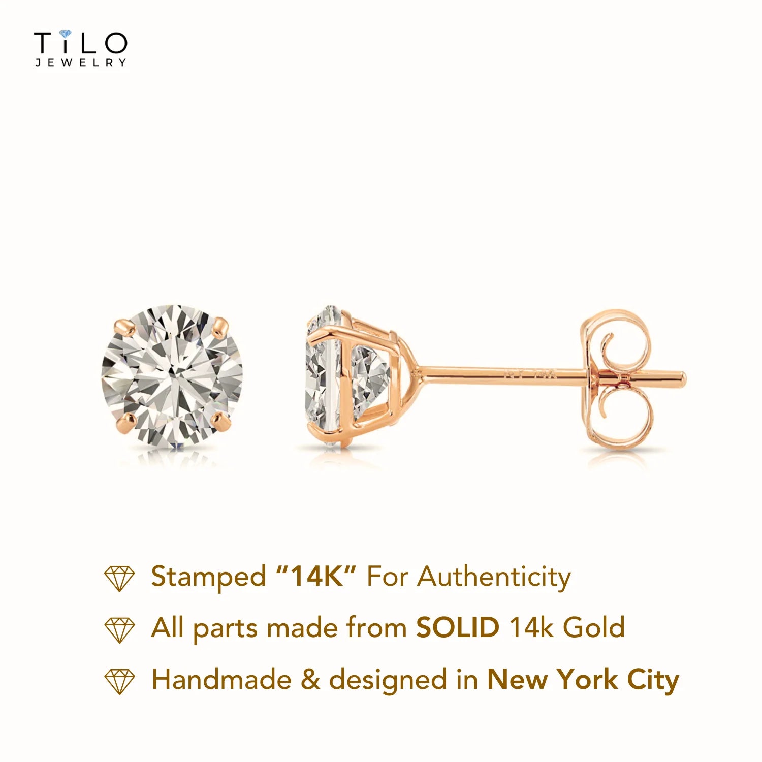 14K Rose Gold Zirconia Solitaire Stud Earrings, Pushback