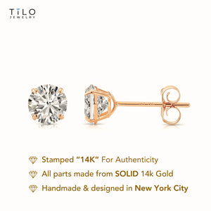 14K Rose Gold Zirconia Solitaire Stud Earrings, Pushback