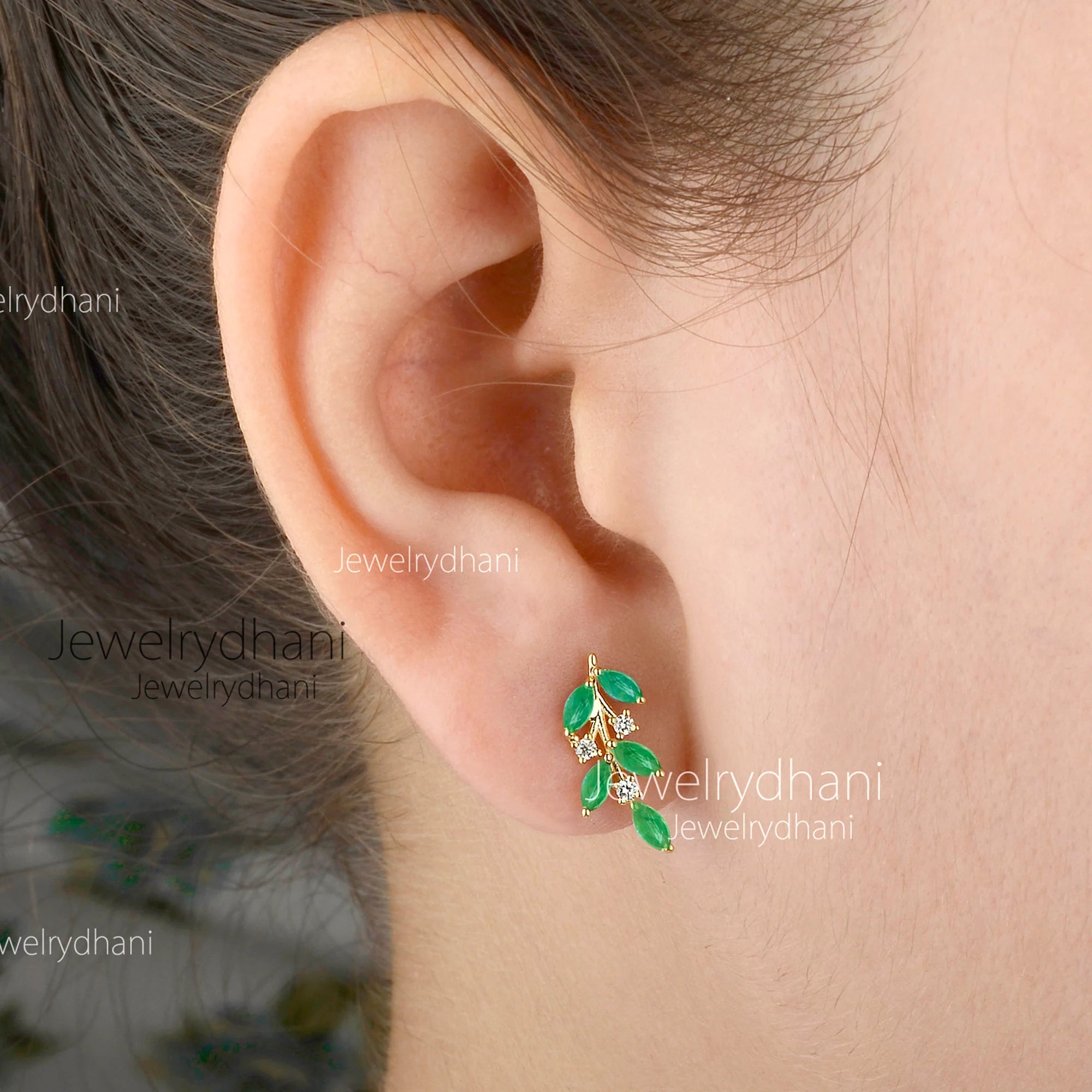 Emerald Leaf Climber Earrings: 18K Gold Diamond Cuff, Handmade