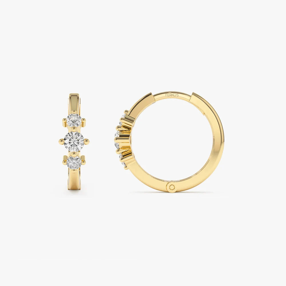 Tiny Hoop Earrings / 14K Solid Gold Three Stone Diamond Huggies / Diamond Gold Mini Hoops / Small Diamond Hoop Earrings Ferko'S Fine Jewelry