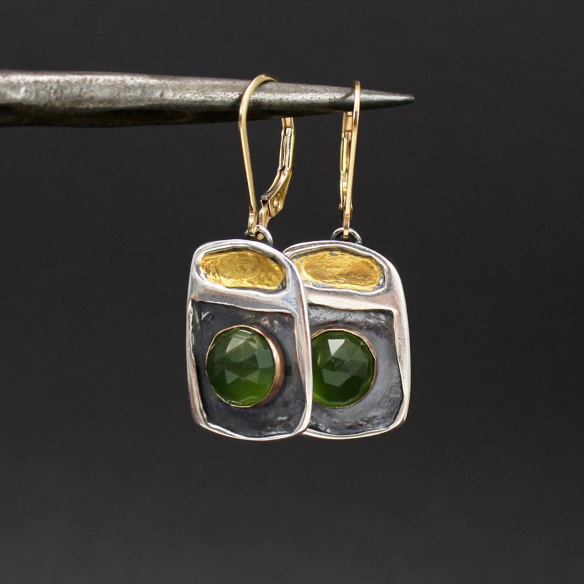 Green Serpentine Earrings: Sterling Silver, 24K Gold Keum-Boo