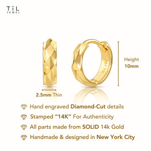 14K Gold Hand Engraved Huggies, Dainty 10Mm Minimalist Gold Earrings, Available in 14K Yellow or White Gold, Handmade by TILO Jewelry