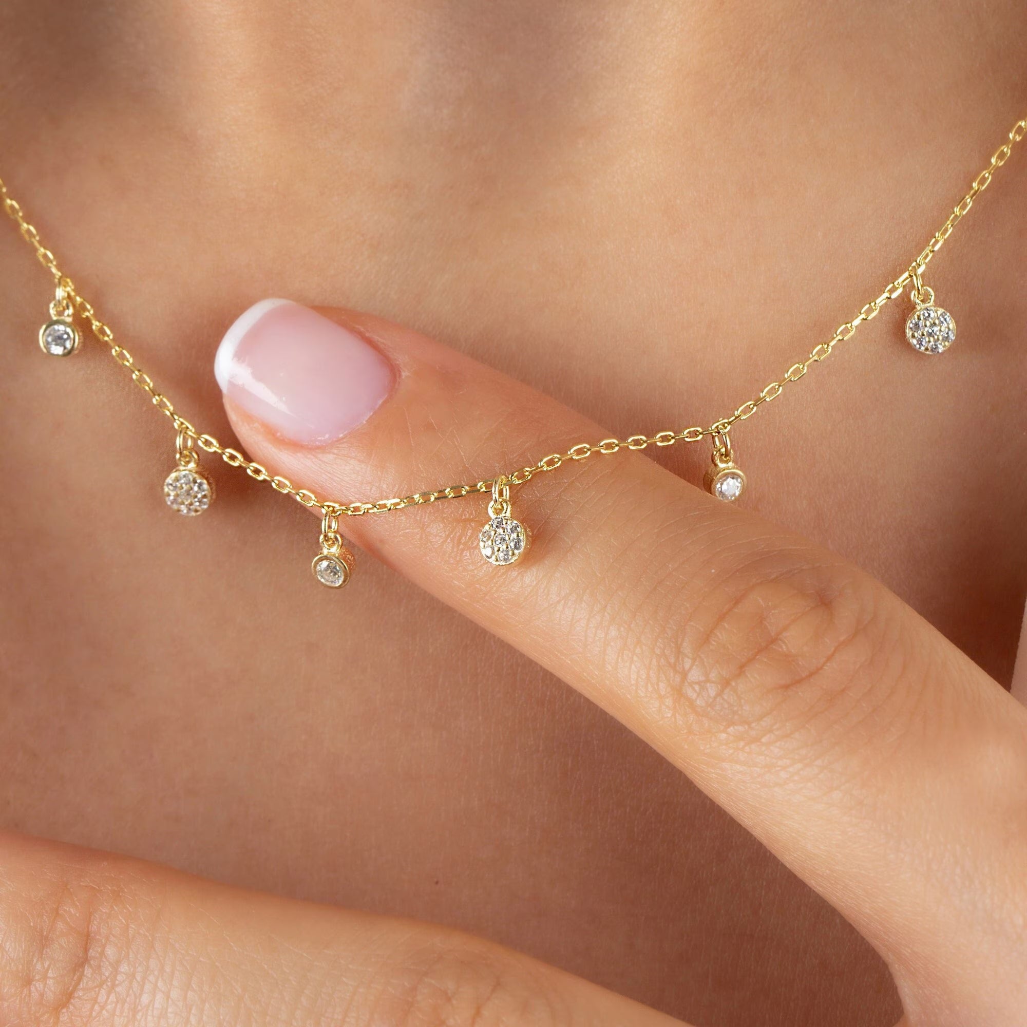 Silver Dangling CZ Diamonds Necklace in 18K Gold, Minimalist Diamond Drop Station Necklace, Layering Diamonds Necklace, Jewelry for Women