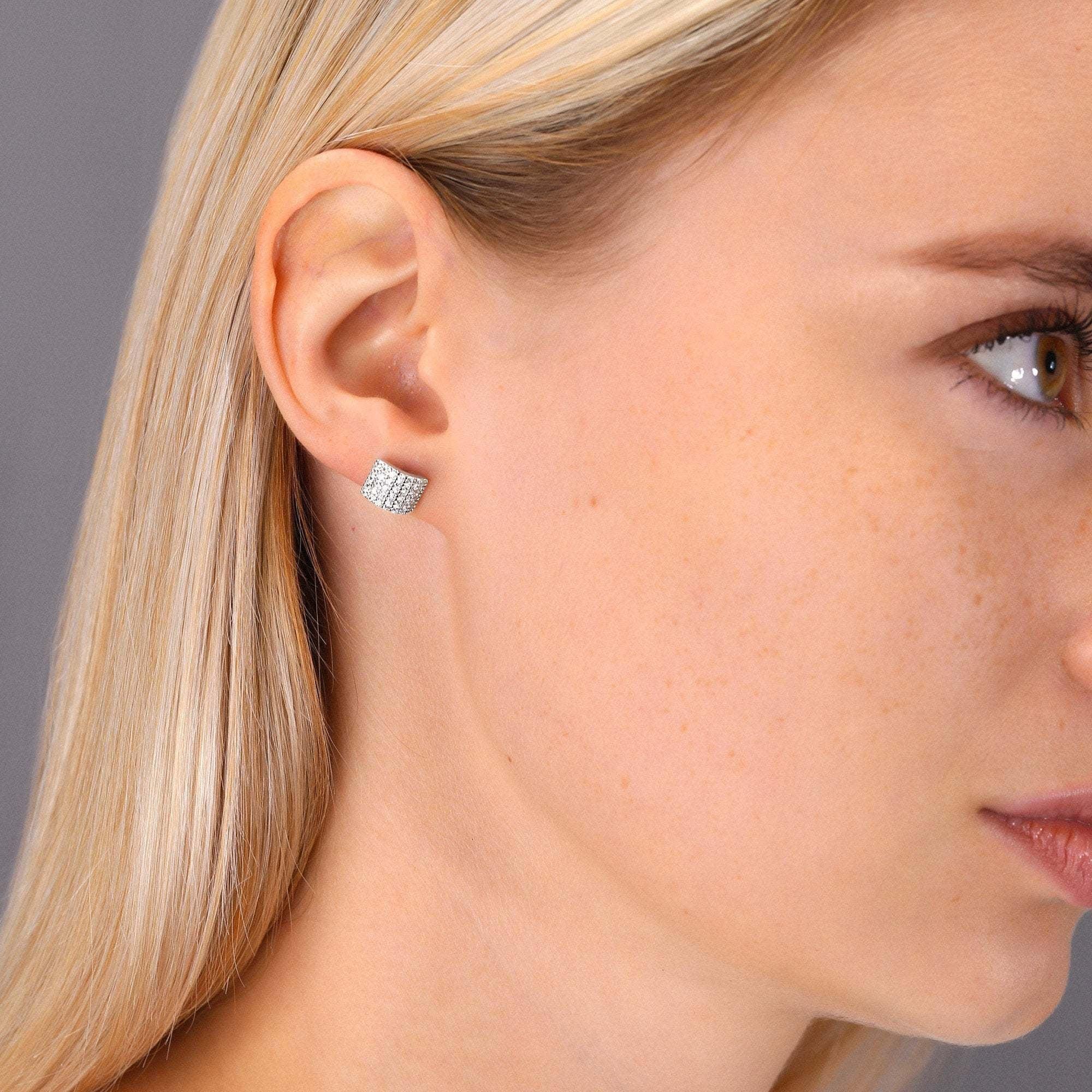 Radiant CZ Curved Square Sterling Silver Stud Earrings.