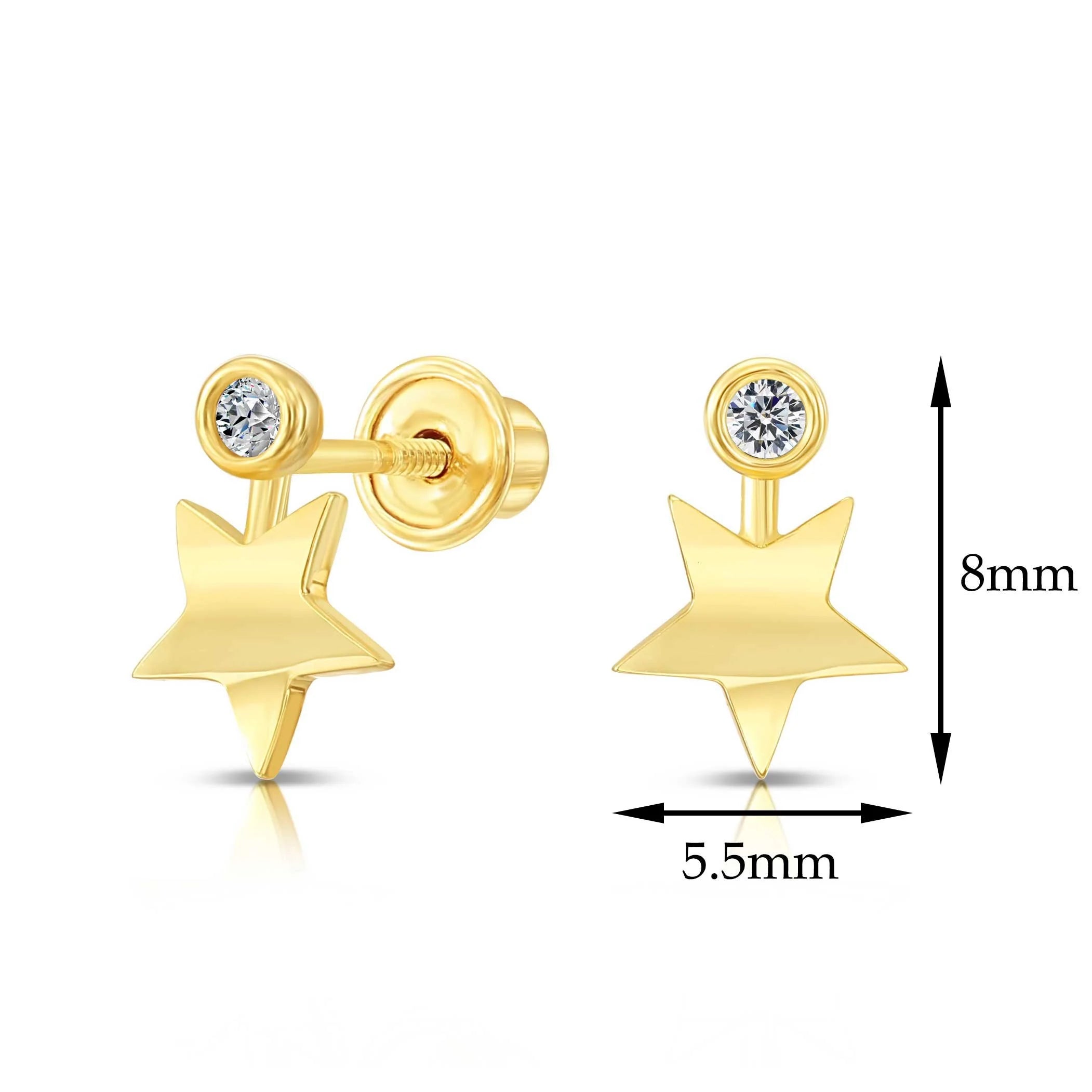 10K Yellow Gold Star and Solitaire Screwback Stud Earrings