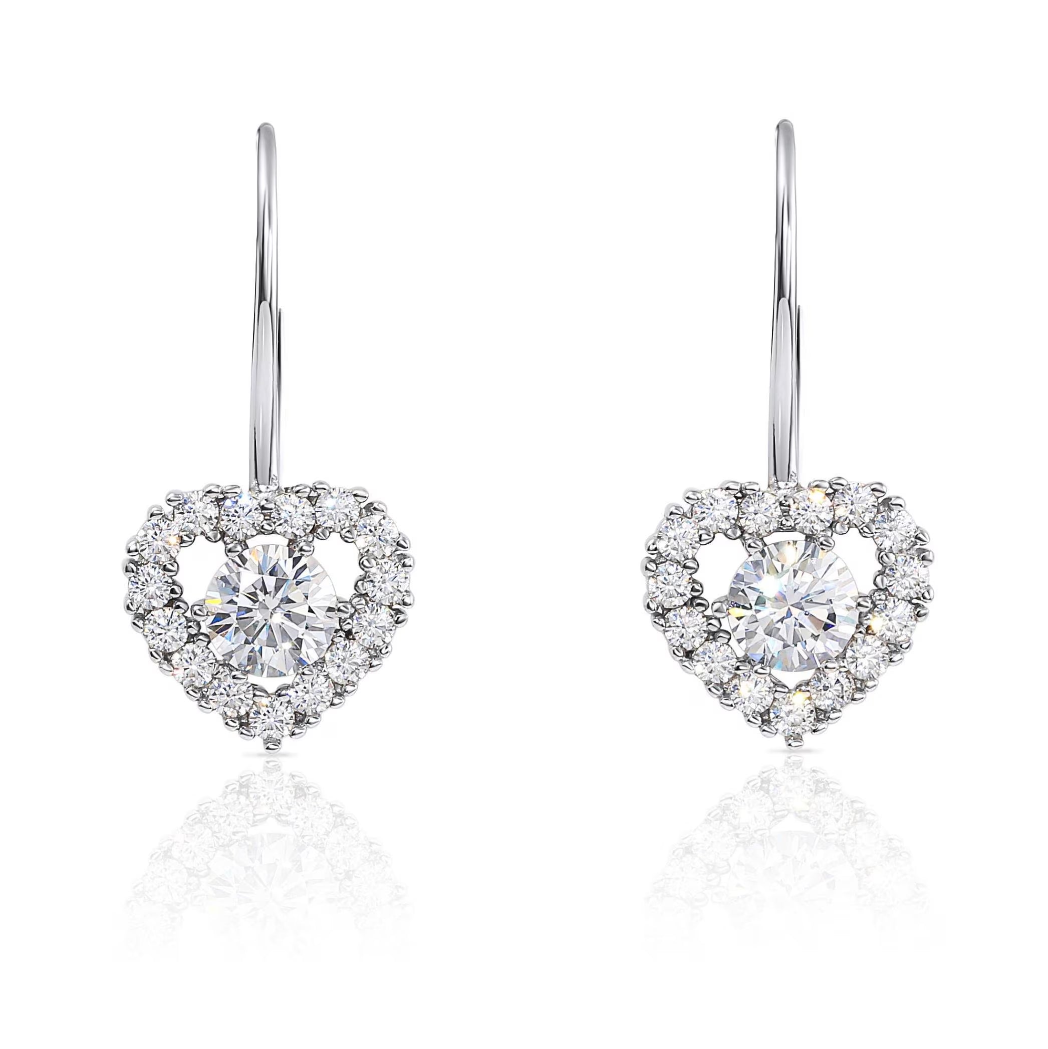 Sterling Silver Heart Halo Earrings, French Lever-Back Design with Sparkling Cubic Zirconia, Statement and Bridal Jewelry