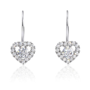 Sterling Silver Heart Halo Earrings, French Lever-Back Design with Sparkling Cubic Zirconia, Statement and Bridal Jewelry