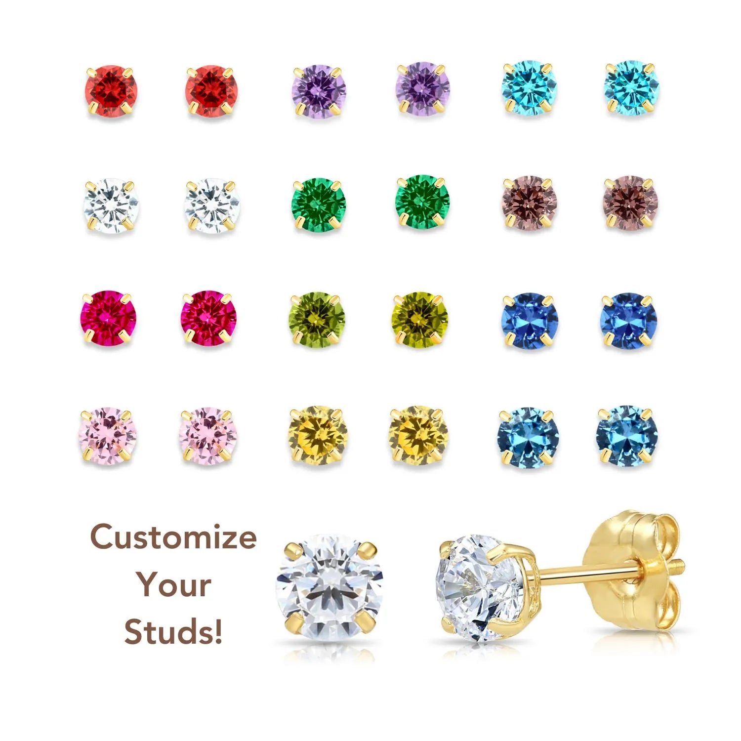 14K Gold Birthstone Stud Earrings with Butterfly Pushbackings, CZ Gemstone Studs, 5Mm, by TILO Jewelry