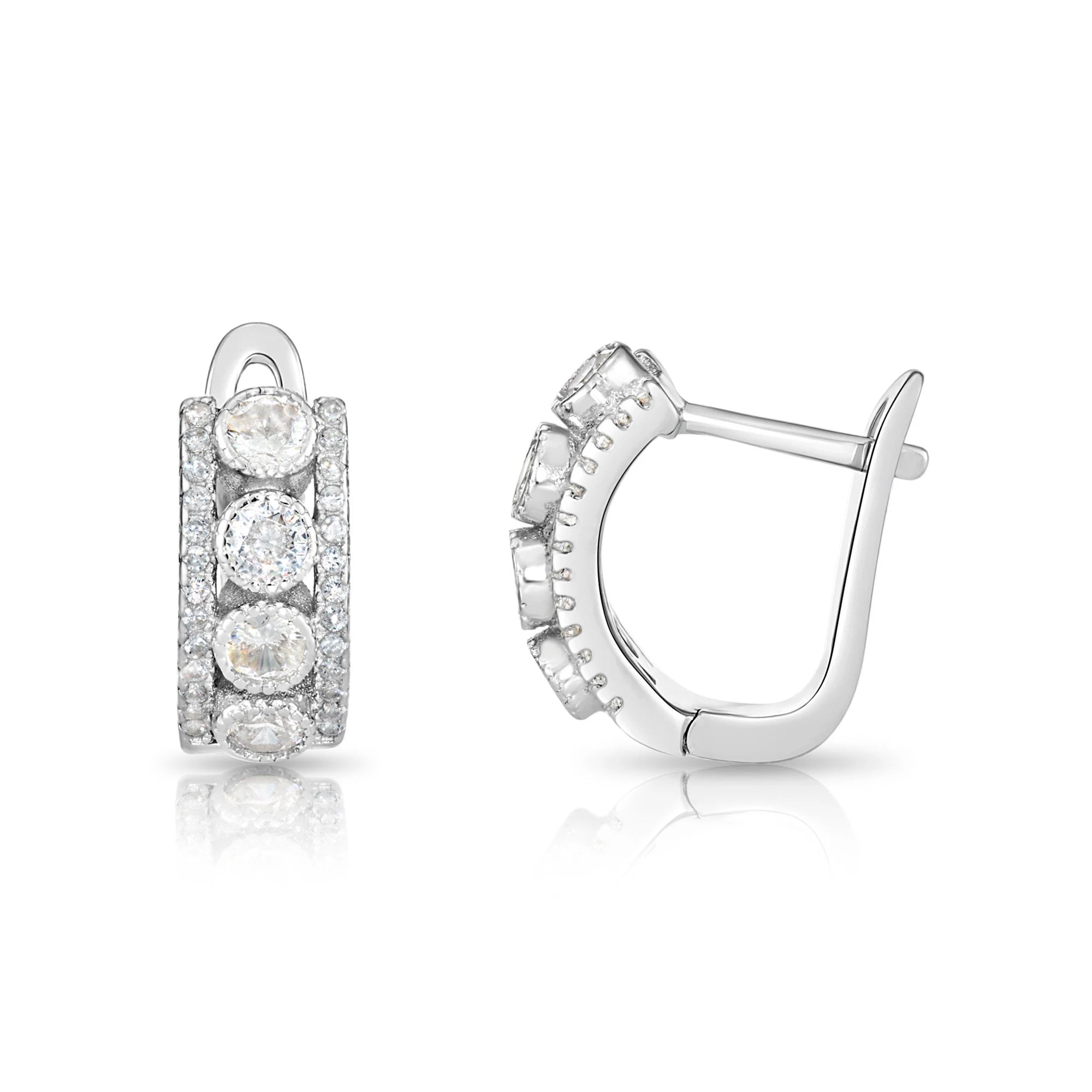 925 Sterling Silver CZ Huggie Hoops, Solid Sterling Silver Shiny CZ Hoops, Gift for Her, 14Mm, by TILO Jewelry