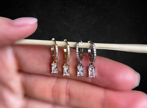 Gold Baguette Earrings, Baguette Dangle Hoops, Emerald Cut Dangle Earrings, Silver Diamond Simulant Huggie Earrings, Crystal Drop Earrings