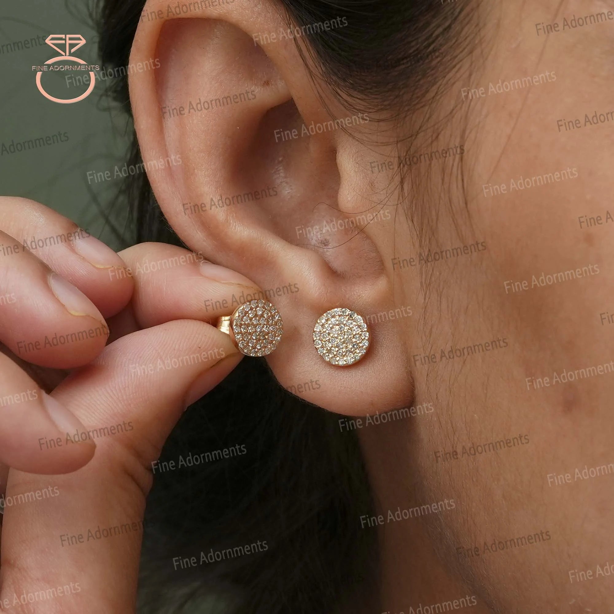 Pave Diamond 8MM Disc round Stud Earrings Solid 14K Yellow Gold Fine Jewelry Gift for Her Minimalist Earrings Pushback Jewelry New