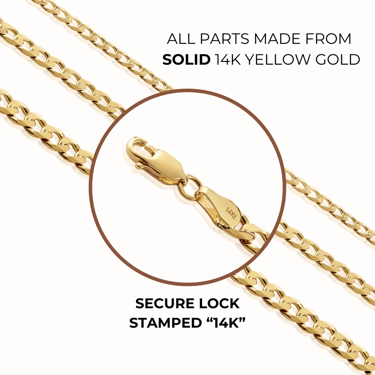 14K Solid Yellow Gold Curb Link Chain Bracelet, 7 Inches