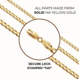 14K Solid Yellow Gold Curb Link Chain Bracelet, 7 Inches