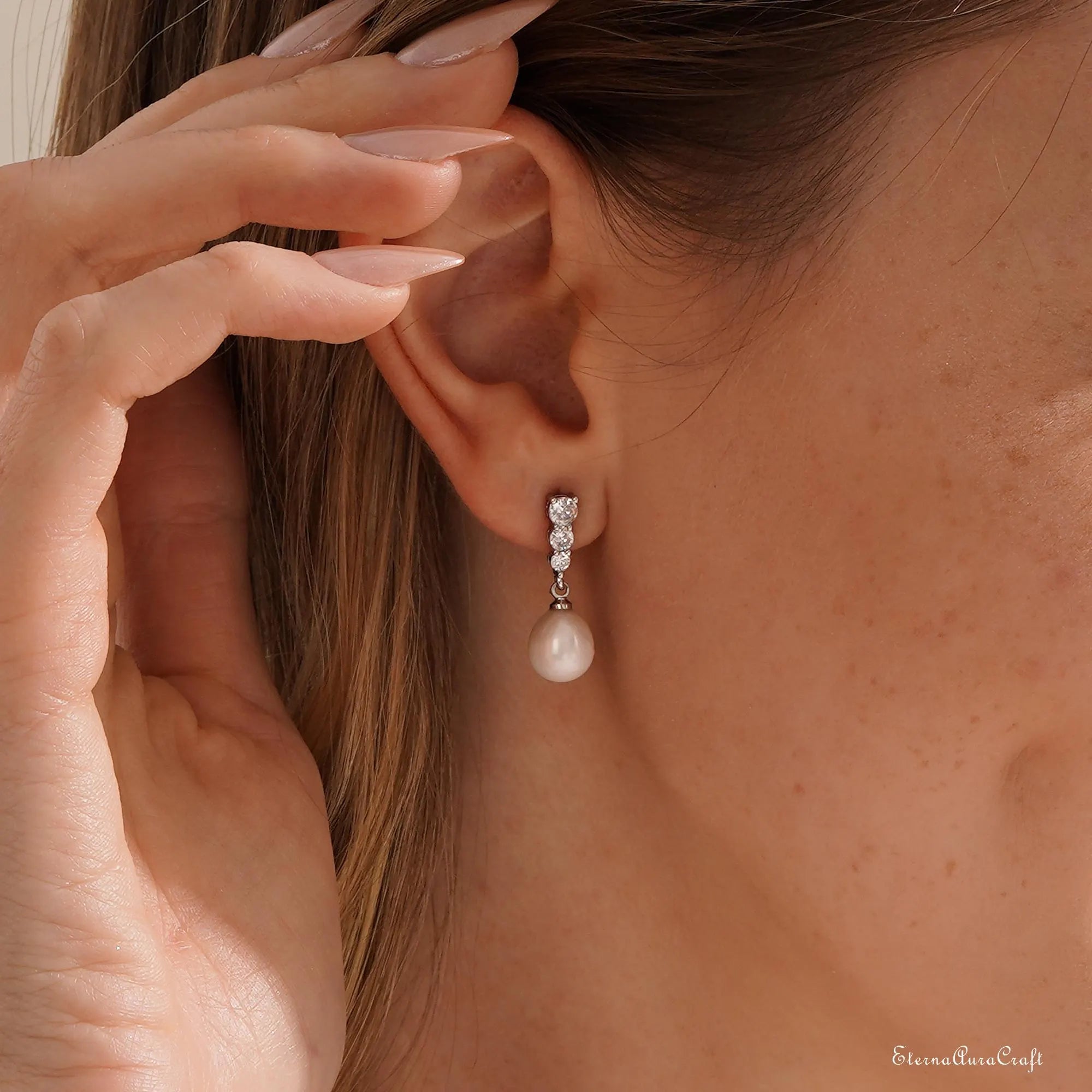 Real Freshwater Pearl Drop Earrings with Diamond, CZ Pearl Stud Earrings, Wedding Earrings, Pearl Bridal Earrings, Bridesmaid Gifts for Her