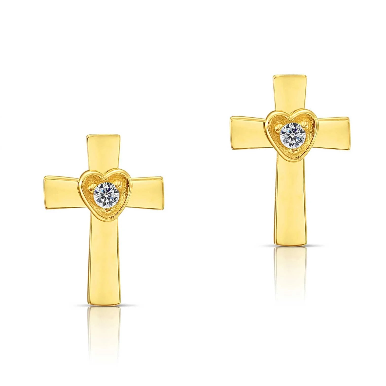 10K Yellow Gold Cross & Heart Stud Earrings with Center Stone