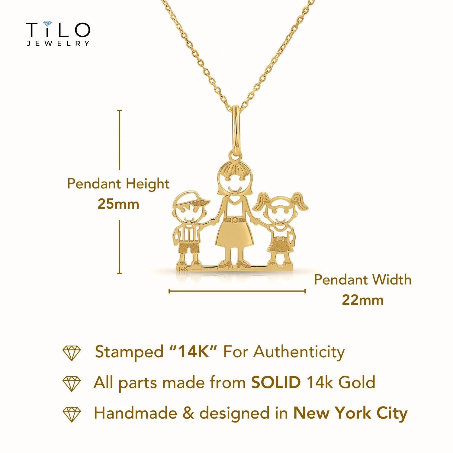 Beautiful 14K Yellow Gold Mom and Children Pendant Necklace.