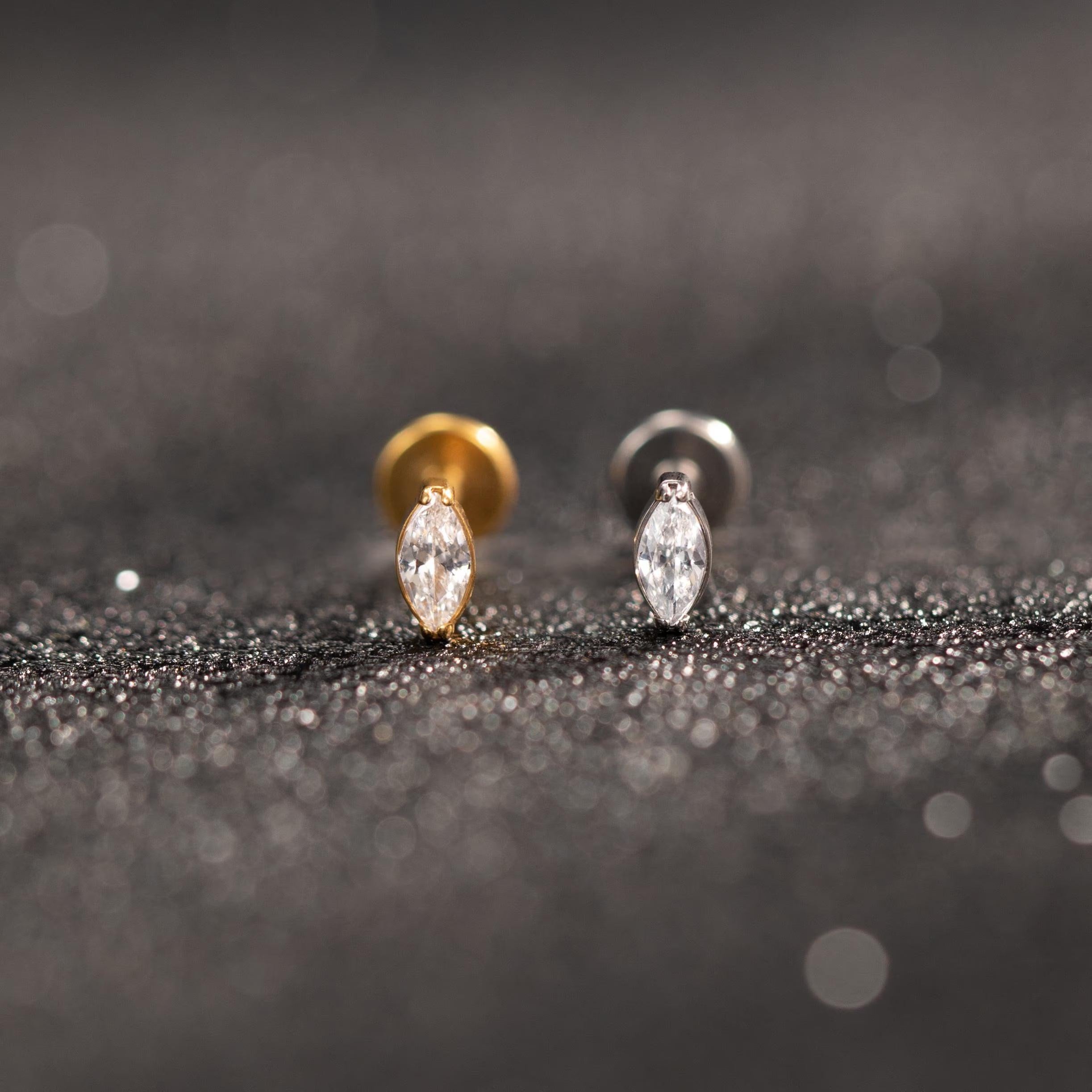 Premium Implant Grade Titanium Marquise Threadless Push Pin Labret Earrings - Flat Back Design for Comfort and Style.