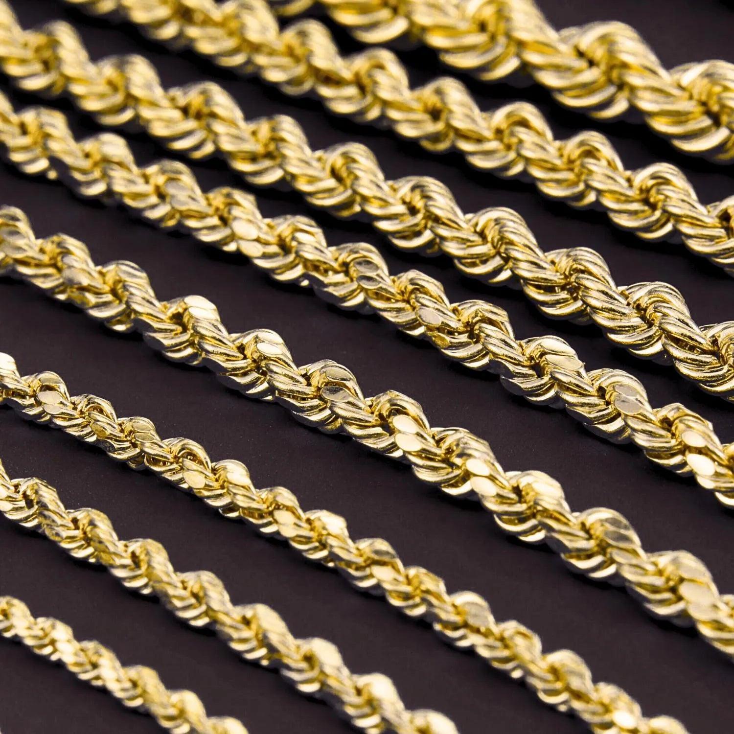 Elegant 10K Yellow Gold Rope Chain Necklace – Solid Gold, 2-5mm, 16-24 Inch with Secure Lobster Clasp.