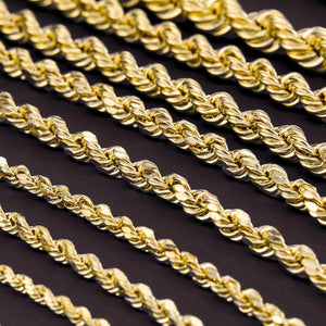 Elegant 10K Yellow Gold Rope Chain Necklace – Solid Gold, 2-5mm, 16-24 Inch with Secure Lobster Clasp.