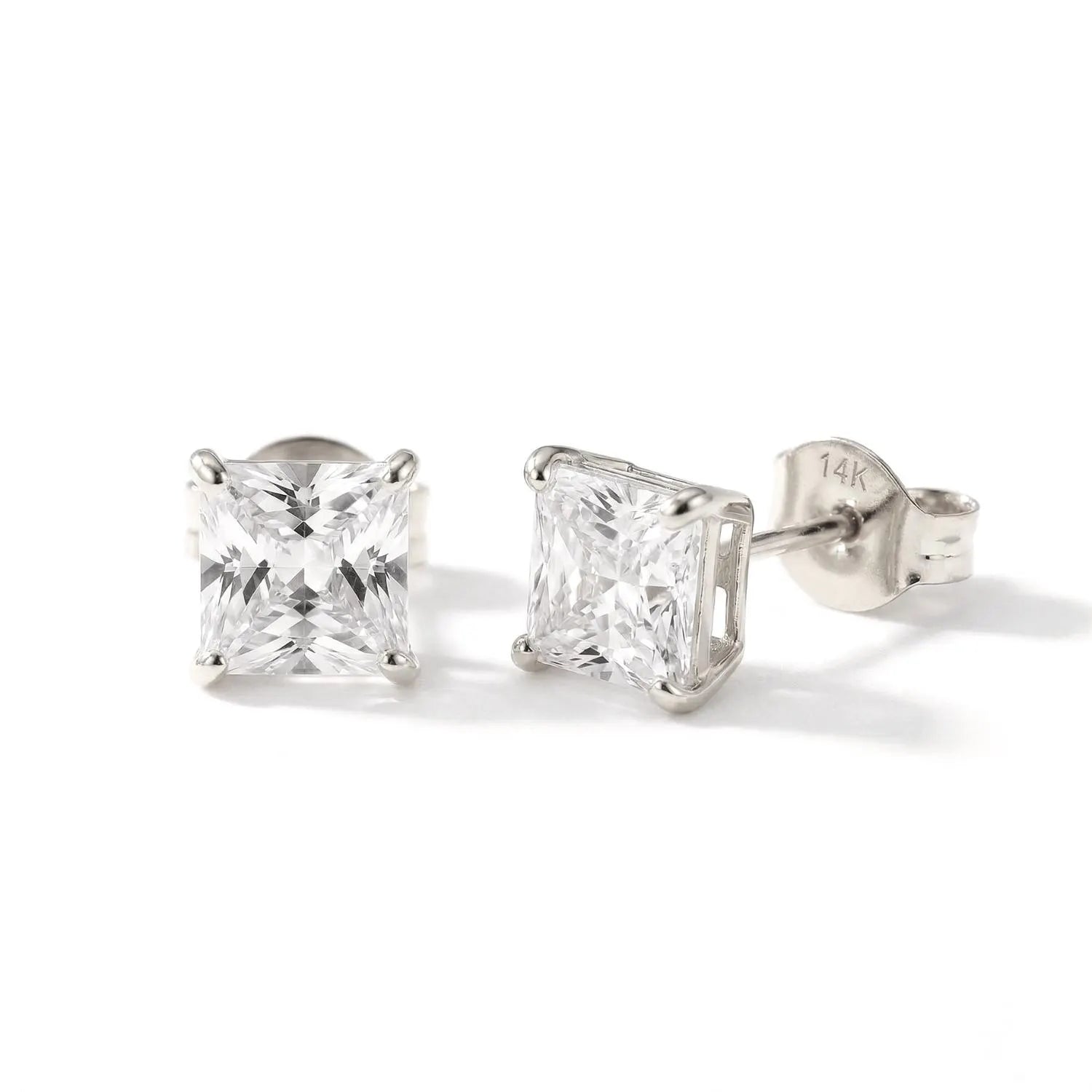 14K Solid White Gold Earrings, Square Studs with Cubic Zirconia Stones and 14K Solid Gold Butterfly Push-Backings, by TILO Jewelry