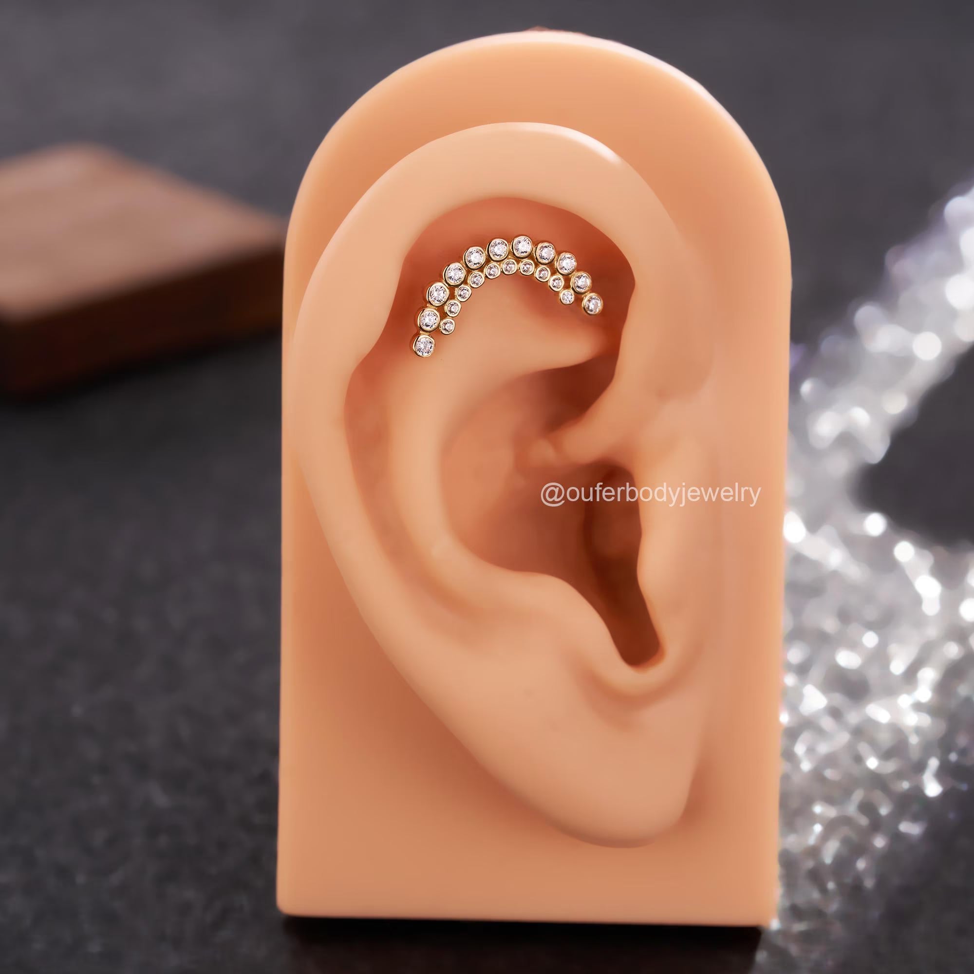 14K Solid Gold Invisible Set Diamond Apsara Curve Threaded Stud Earring/Ball-End Earring with Double Row CZ Cartilage, Helix, Conch Piercing