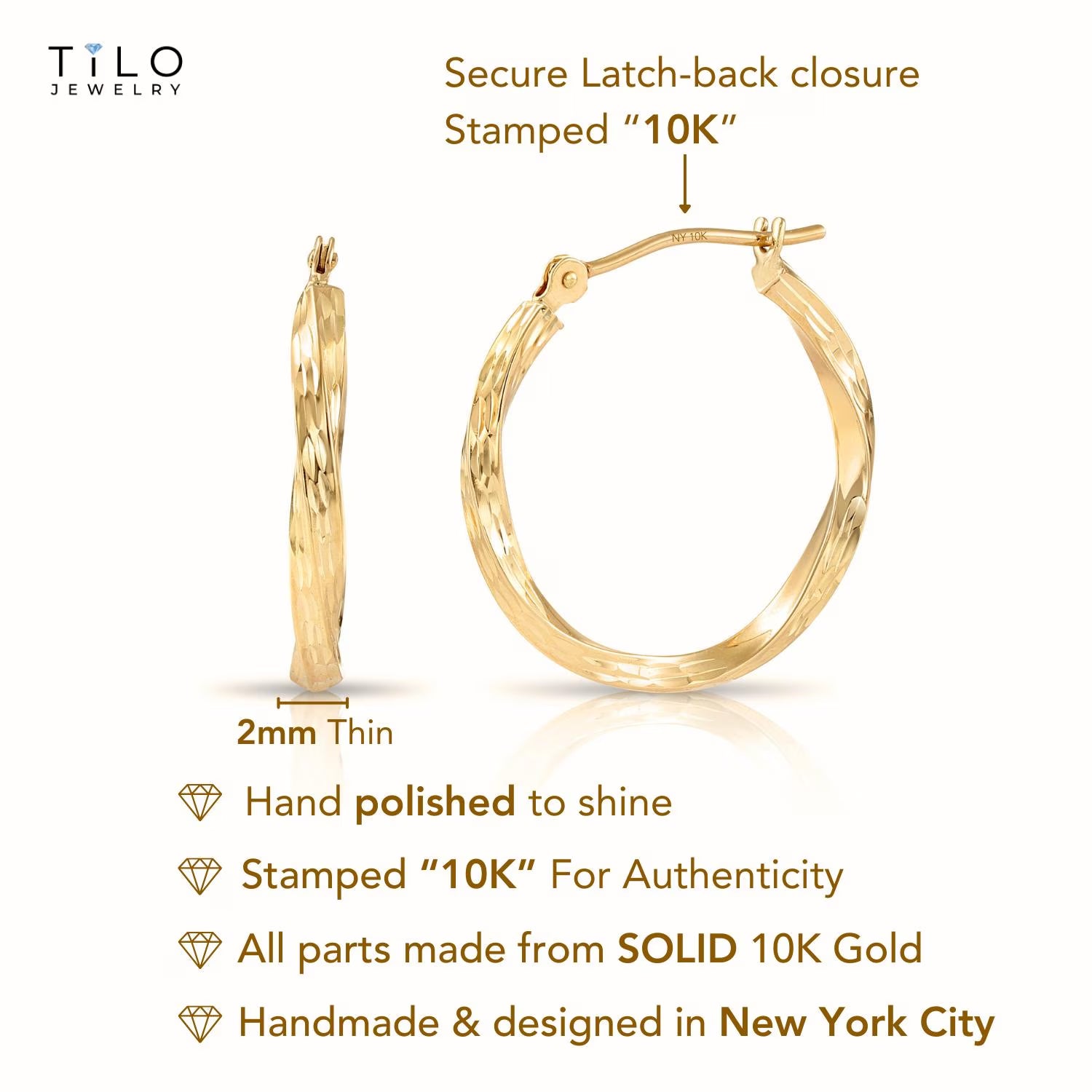 10K Yellow Gold Twisted Classic Hoop Earrings, Diamond-Cut round Hoops, Solid Yellow Gold Shiny Hoops, Handmade with Love, by TILO Jewelry