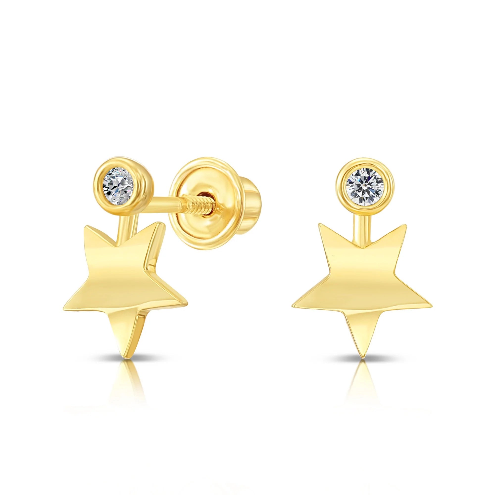 10K Yellow Gold Star and Solitaire Screwback Stud Earrings