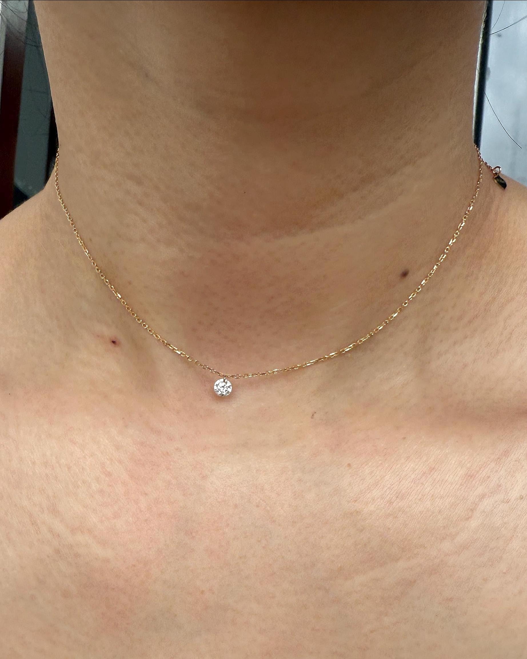 18K Solid Gold Pierced Diamond Necklace｜0.25Ct Pierced Diamond Choker｜Drilled Lab Diamond Pendant｜Delicate Fine Jewellery