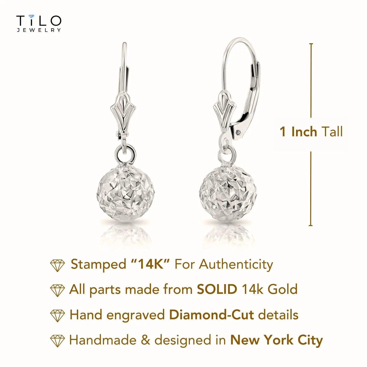 Stunning 14K White Gold Hand Engraved Diamond-Cut Round Ball Dangle Earrings with Secure French Leverbacks.