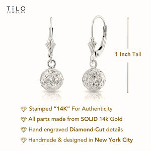 Stunning 14K White Gold Hand Engraved Diamond-Cut Round Ball Dangle Earrings with Secure French Leverbacks.
