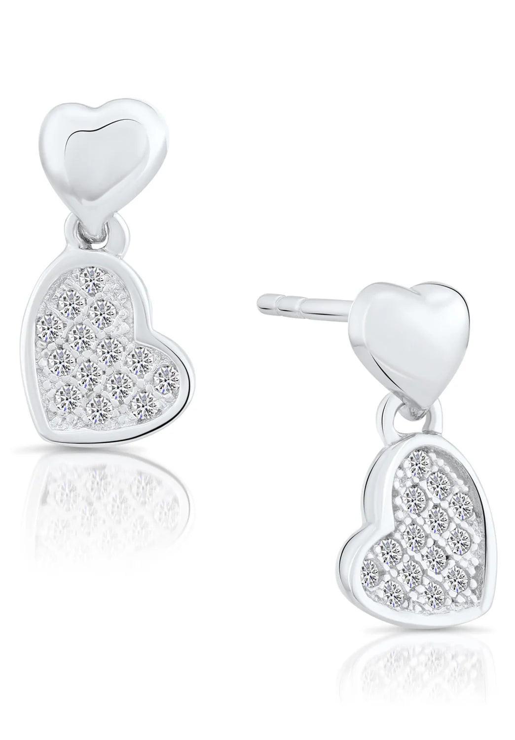 Stunning CZ Double Heart Dangle Stud Earrings in Elegant Sterling Silver.