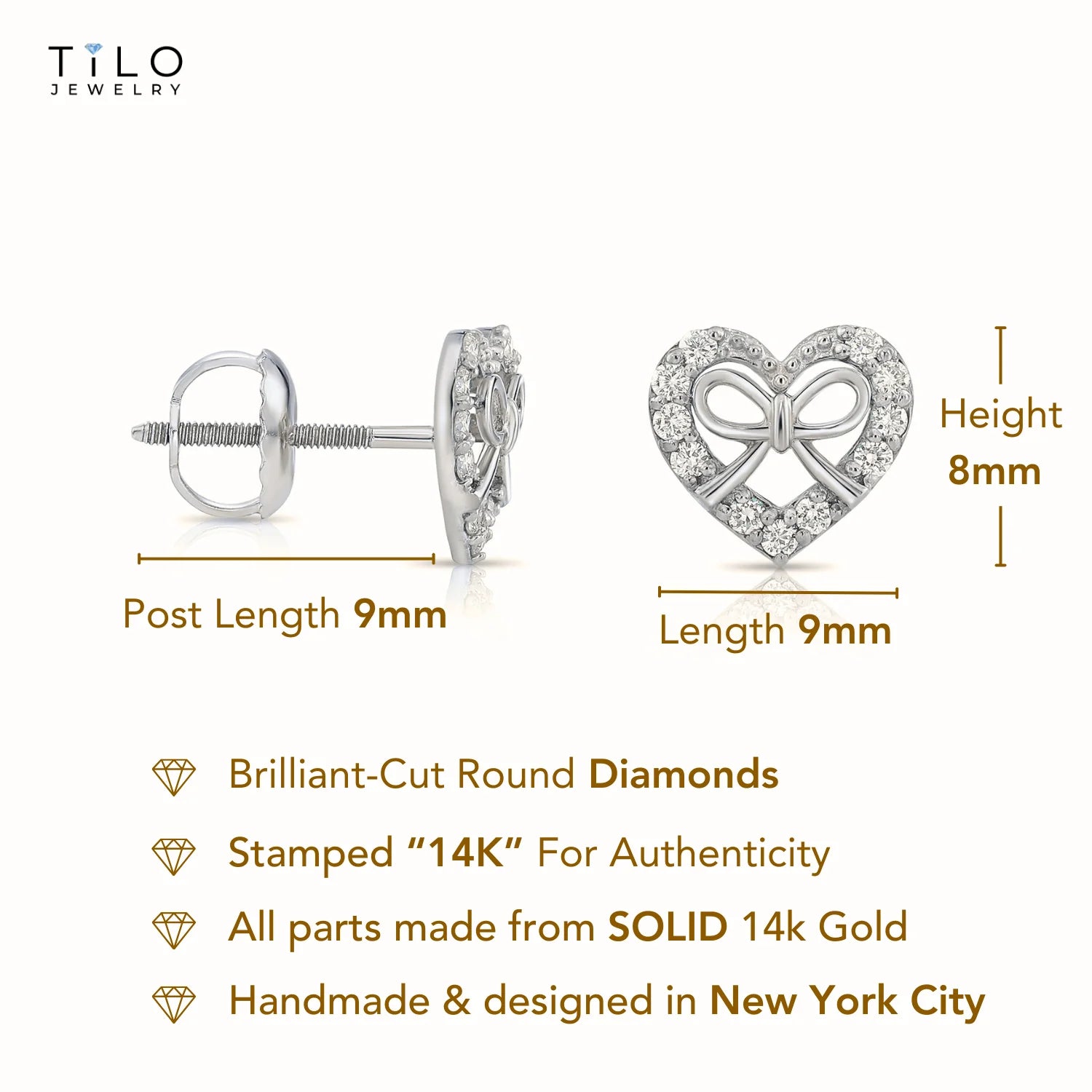 14K White Gold Heart & Ribbon Lab Diamond Studs, 0.20Ctw, Screwback