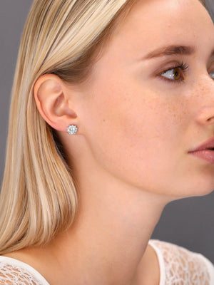 Stunning CZ Sunflower Halo Stud Earrings in Elegant Sterling Silver.