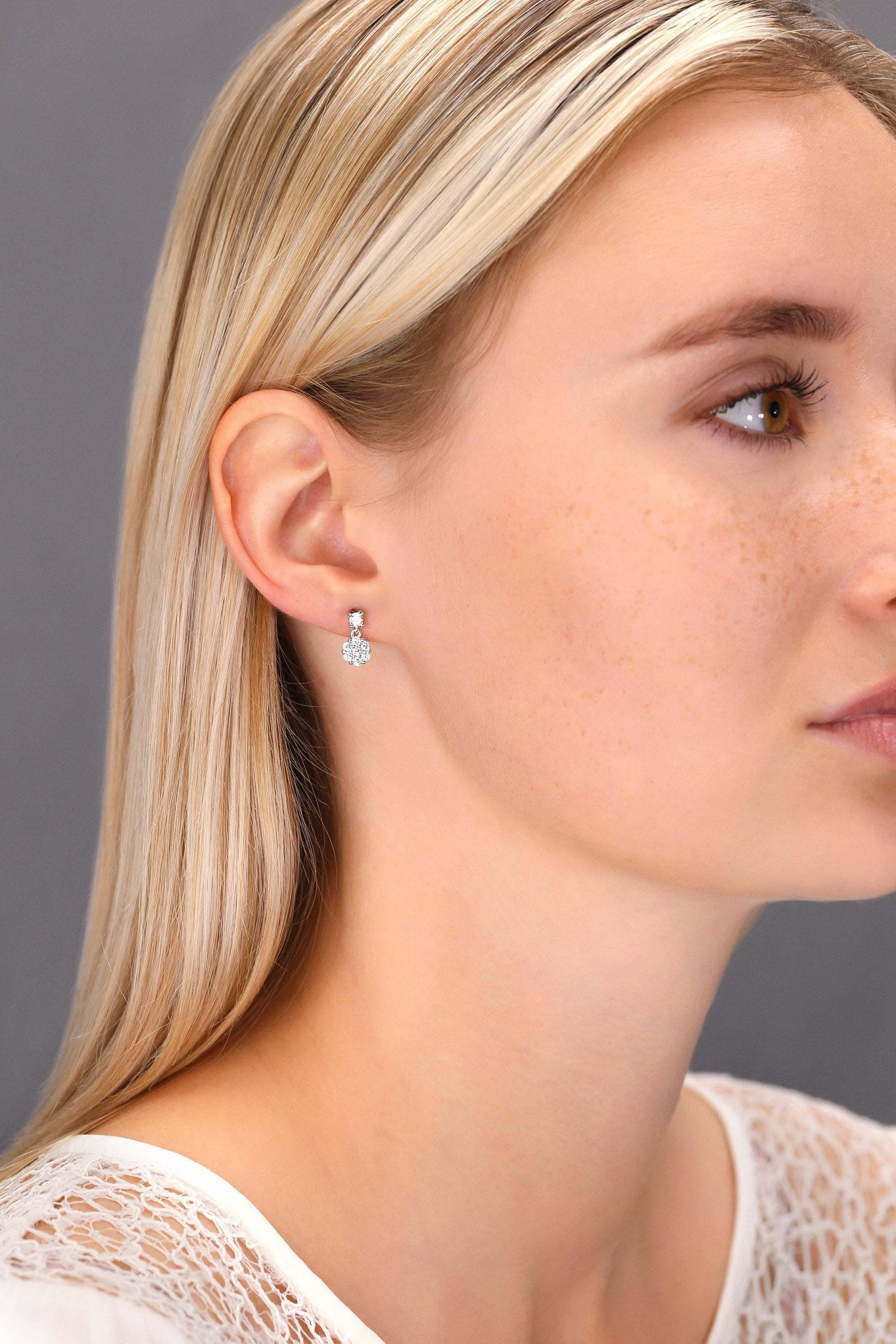Sparkling CZ Flower Dangle Stud Earrings in Elegant Sterling Silver.