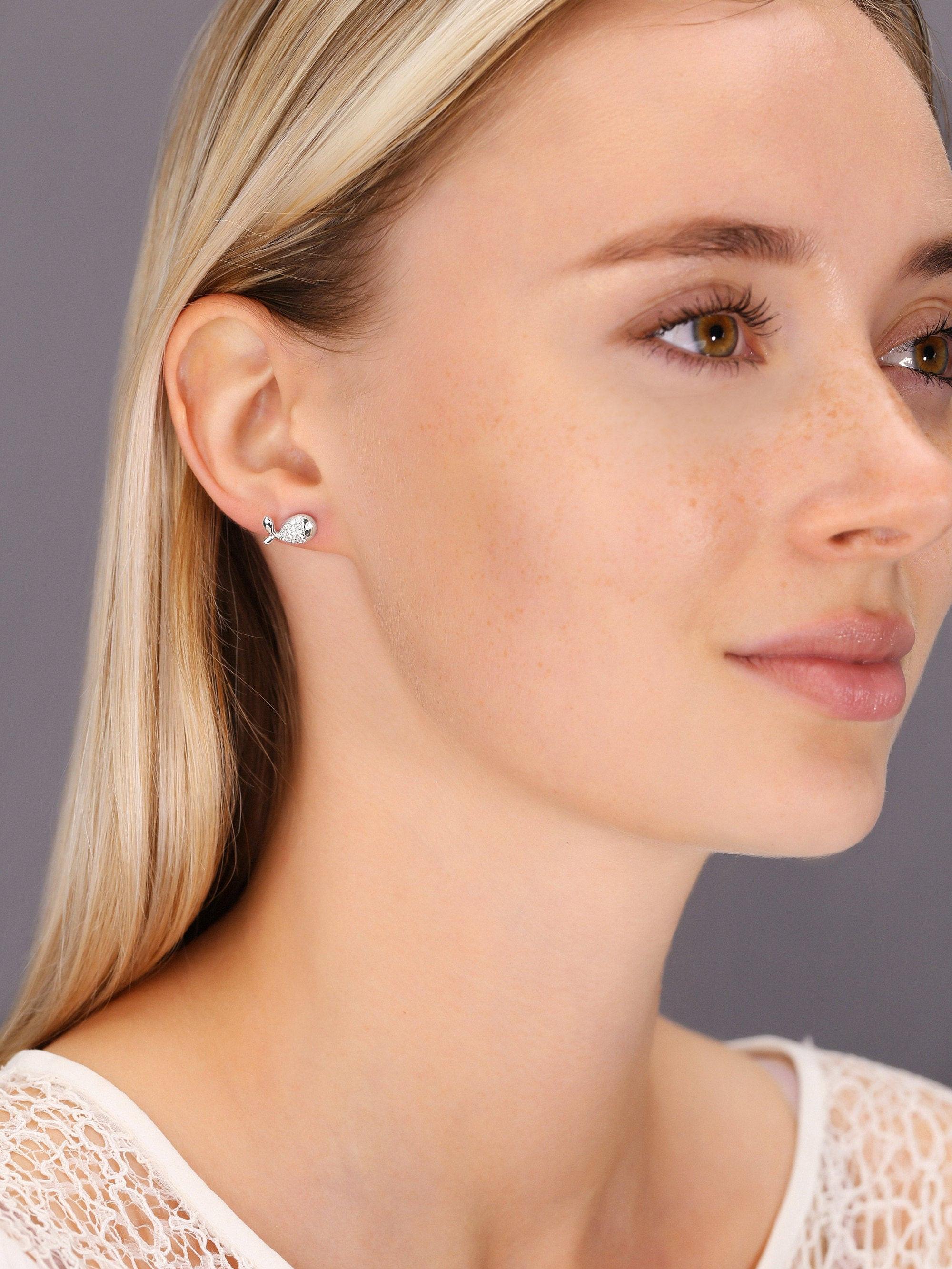 Charming Sterling Silver Whale CZ Fish Stud Earrings.